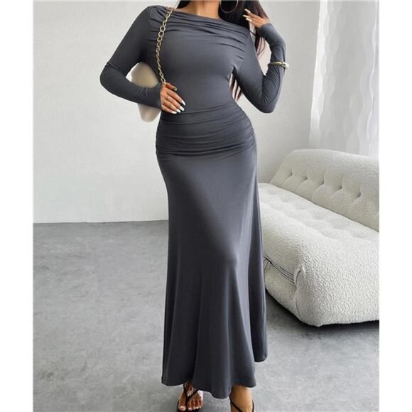 Women's Crew Neck Ruched Bodycon Maxi Dress Grey - Picture 1 of 6